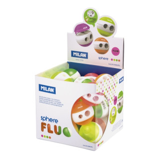 Milan Sphere Fluo Expositor con 24 Sacapuntas Doble - Regular y Maxi - Deposito Integrado - Cuchilla de Acero de Seguridad - Co