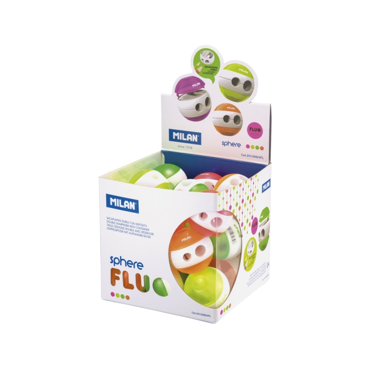 Milan Sphere Fluo Expositor con 24 Sacapuntas Doble - Regular y Maxi - Deposito Integrado - Cuchilla de Acero de Seguridad - Co