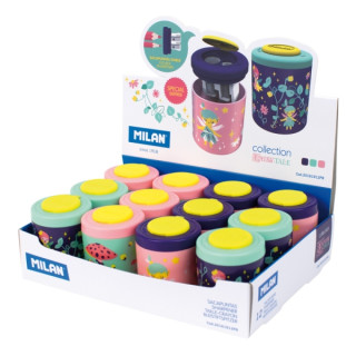 Milan Fairy Tale Expositor con 12 Sacapuntas Doble - Regular y Maxi - Deposito Integrado - Cuchilla de Acero de Seguridad - Col
