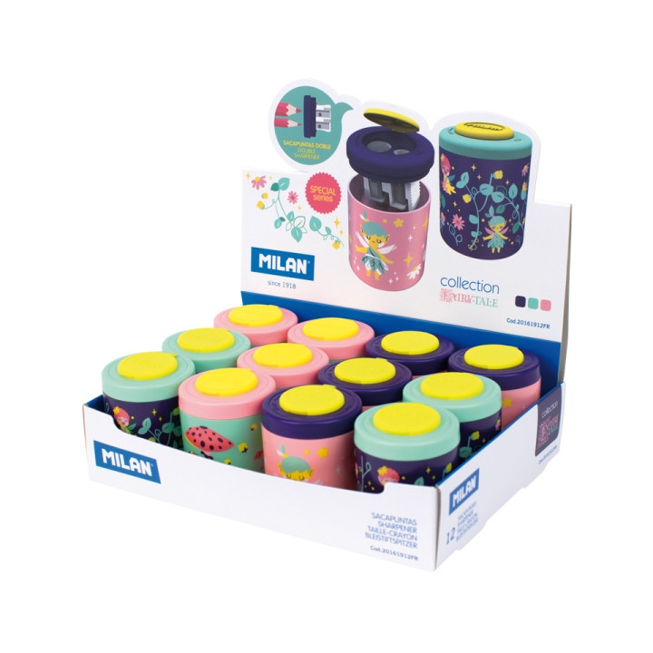 Milan Fairy Tale Expositor con 12 Sacapuntas Doble - Regular y Maxi - Deposito Integrado - Cuchilla de Acero de Seguridad - Col