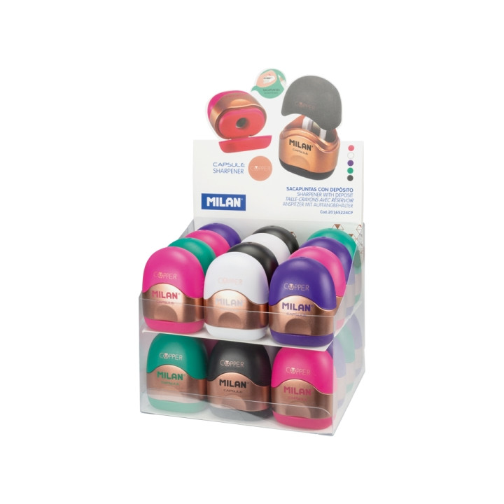 Milan Capsule Copper Expositor con 16 Afilaborras - Deposito Integrado - Cuchilla de Acero de Seguridad - Colores Surtidos