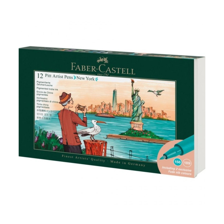 Faber-Castell Pitt Artist Pen Brush City Collection New York Estuche con 12 Rotuladores Punta Pincel - Tinta Pigmentada - Alta