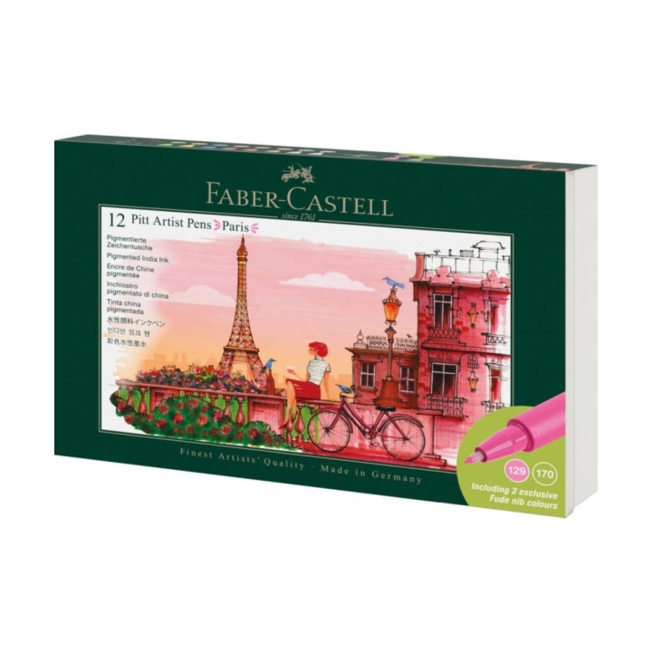 Faber-Castell Pitt Artist Pen Brush City Collection Paris Estuche con 12 Rotuladores Punta Pincel - Tinta Pigmentada - Alta Res