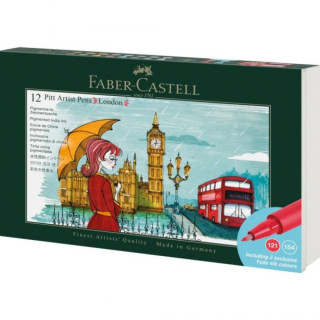 Faber-Castell Pitt Artist Pen Brush City Collection London Estuche con 12 Rotuladores Punta Pincel - Tinta Pigmentada - Alta Re
