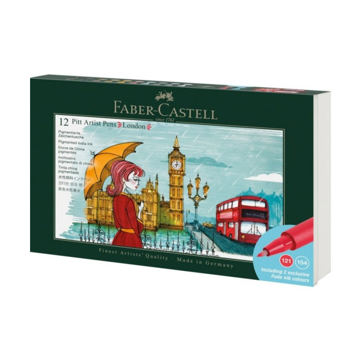 Faber-Castell Pitt Artist Pen Brush City Collection London Estuche con 12 Rotuladores Punta Pincel - Tinta Pigmentada - Alta Re