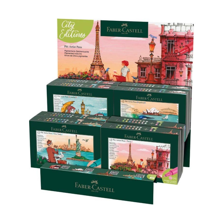 Faber-Castell Pitt Artist Pen Brush City Collection Expositor con 8 Estuches con 12 Rotuladores Punta Pincel - Tinta Pigmentada