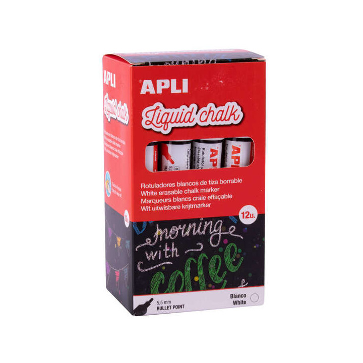 Apli Pack de 12 Rotuladores de Tiza Liquida - Punta Redonda de 5.5mm - Ideal para Pizarras