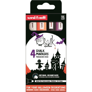 Uni-ball Chalk Colores Halloween Pack de 4 Marcadores de Tiza Liquida - Punta Conica 1.8-2.5mm - Borrado en Humedo - Resistente