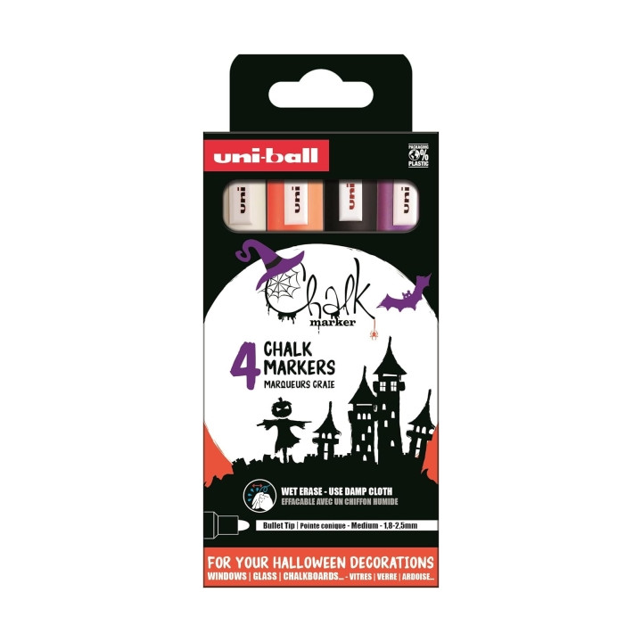 Uni-ball Chalk Colores Halloween Pack de 4 Marcadores de Tiza Liquida - Punta Conica 1.8-2.5mm - Borrado en Humedo - Resistente