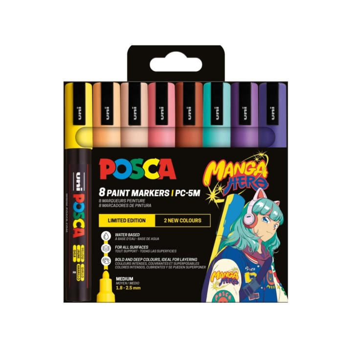 Posca Manga Hero Edicion Limitada Manga Hero PC-5M Pack con 8 Marcadores de Pintura - Punta de Bala 1.8-2.5mm - Tinta Base al A
