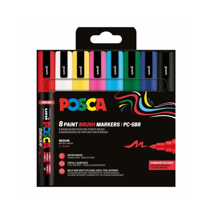 Posca PC-5BR Pack de 8 Marcadores de Pintura - Punta Brush 1-4mm - Tinta Base al Agua - Resistente a la Luz - No Permanente - C