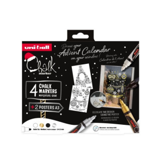 Uni-ball Chalk Colores Escandinavos Pack de 4 Marcadores de Tiza Liquida + Posters - Punta Conica 1.8-2.5mm - Borrado en Humedo