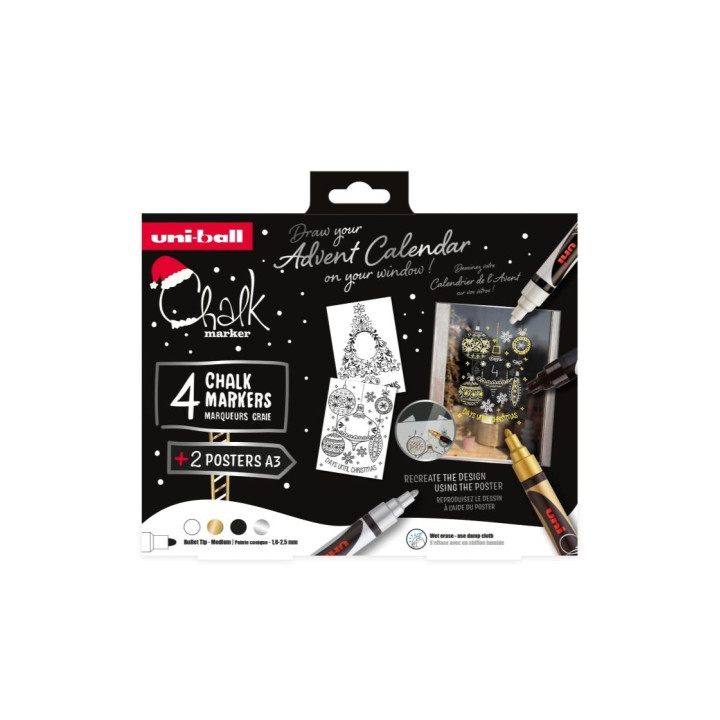 Uni-ball Chalk Colores Escandinavos Pack de 4 Marcadores de Tiza Liquida + Posters - Punta Conica 1.8-2.5mm - Borrado en Humedo