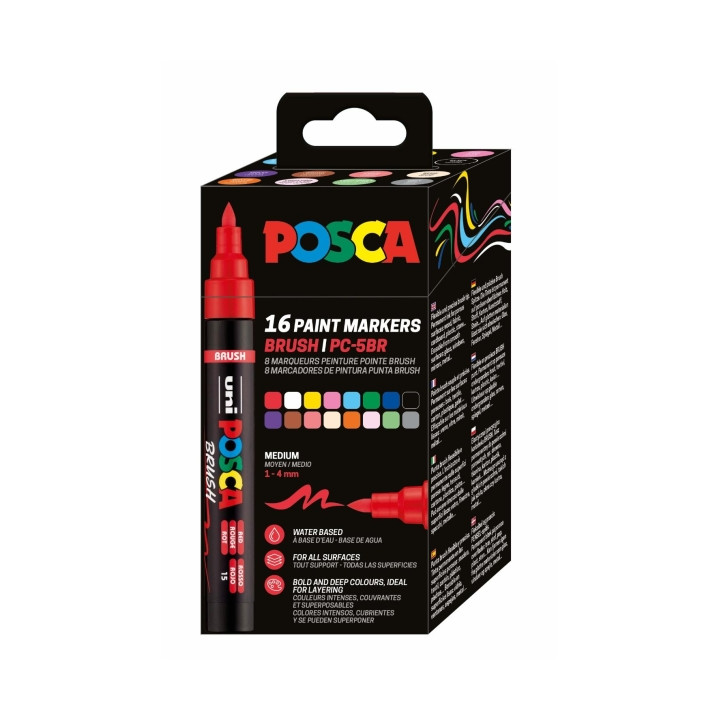 Posca PC-5BR Caja con 16 Marcadores de Pintura - Punta Brush 1-4mm - Tinta Base al Agua - Resistente a la Luz - No Permanente -