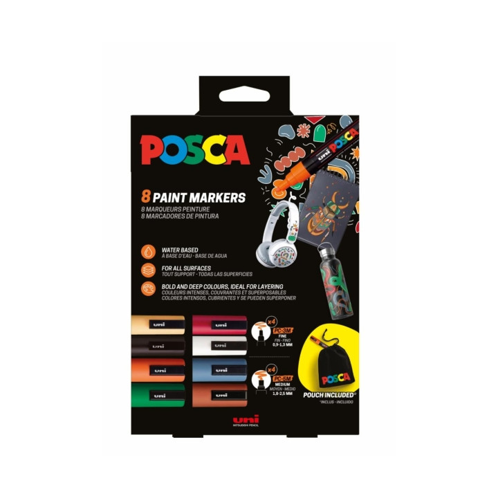 Posca Edicion Limitada Pack de 4 Marcadores de Pintura PC5M + 4 Marcadores de Pintura PC3M + Regalo Bolsa de Tela - Punta Redon