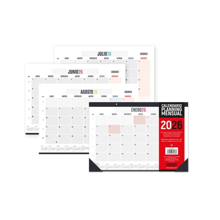 Ingraf Planificador de Mesa Mensual - Encolado con Tapa de Polipropileno - 12 Hojas de Faciles de Arrancar