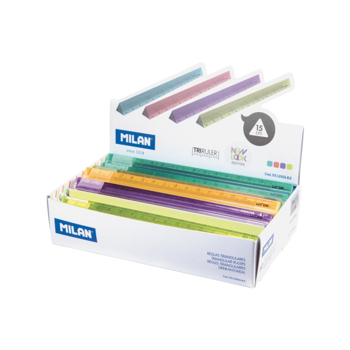 Milan New Look Expositor con 60 Reglas Triangulares de 15cm - Plastico Rigido - Transparente - Colores Surtidos