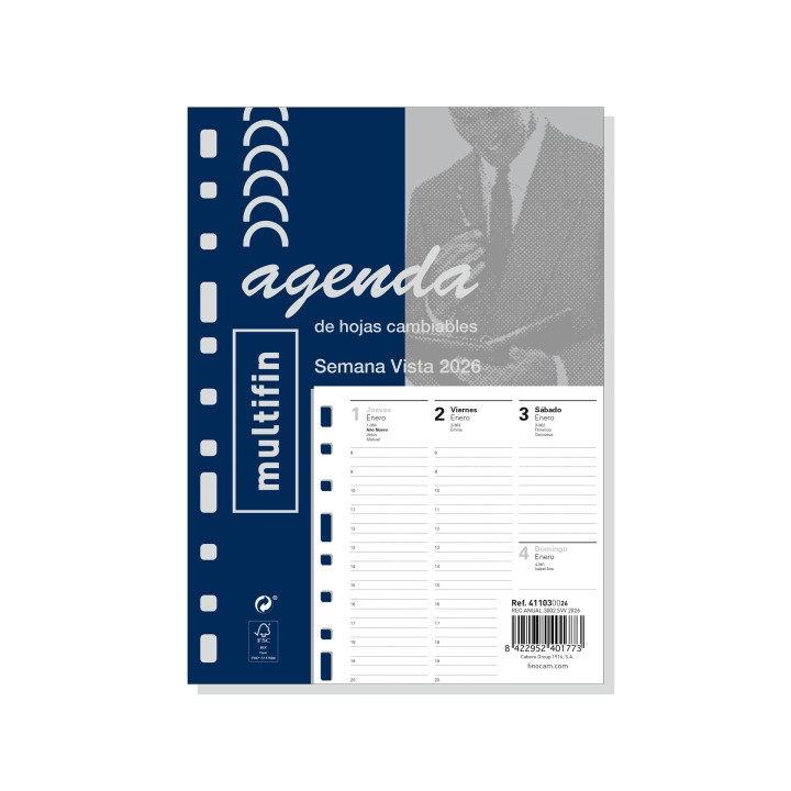 Finocam Recambio Anual 2026 para Agenda - Multiusos - Formato 3002 - 155x6x215mm - Semana Vista en Vertical - Color Blanco