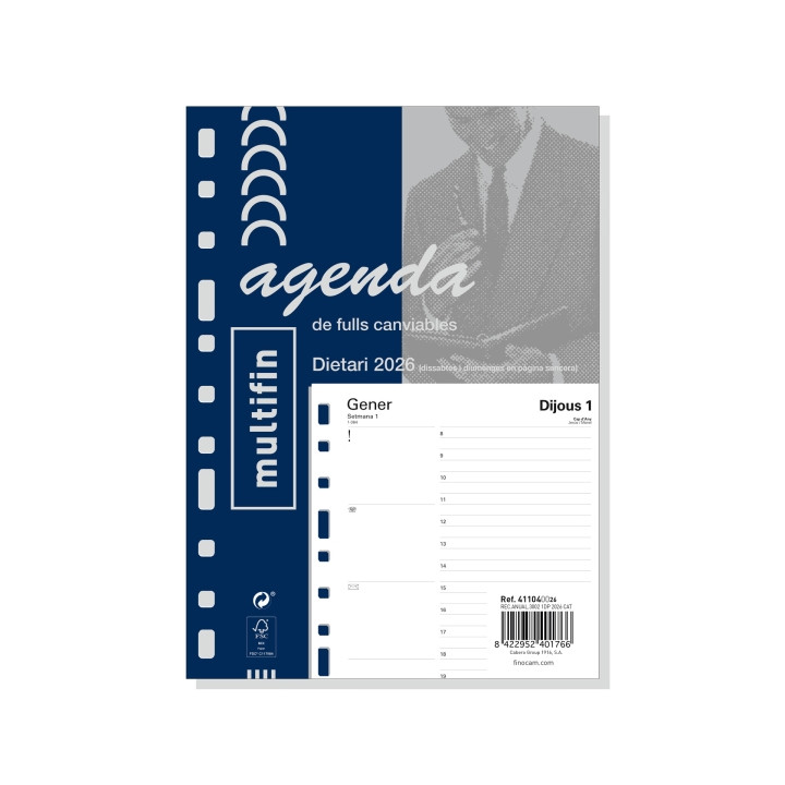 Finocam Recambio Anual 2026 para Agenda en Catalan - Multiusos - Formato 3002 - 155x17x215mm - 1 Dia por Pagina - Color Blanco