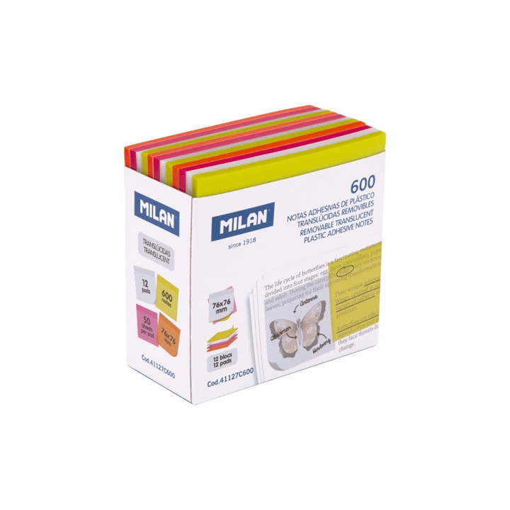 Milan Fluo Pack de 600 Notas Adhesivas - Translucidas - Removibles - 76x76mm - Colores Surtidos