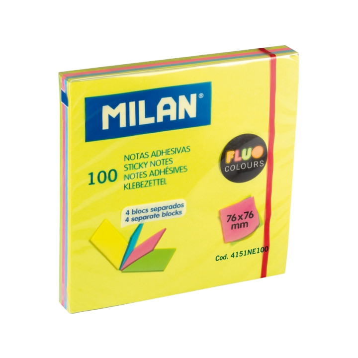 Milan Fluo Pack de 100 Notas Adhesivas - Colores Neon - 76x76mm - Colores Surtidos