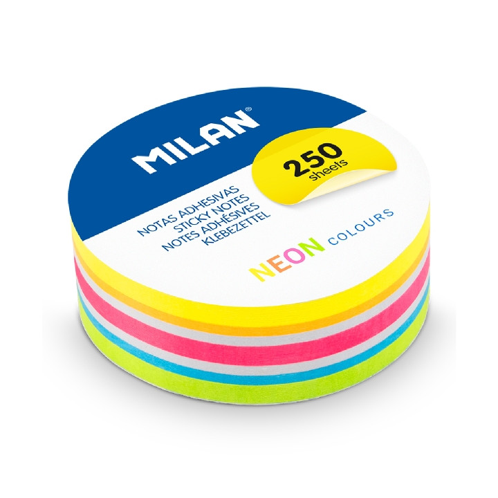 Milan Pack de 250 Notas Adhesivas - Colores Neon - Redondas - 67mm - Colores Surtidos