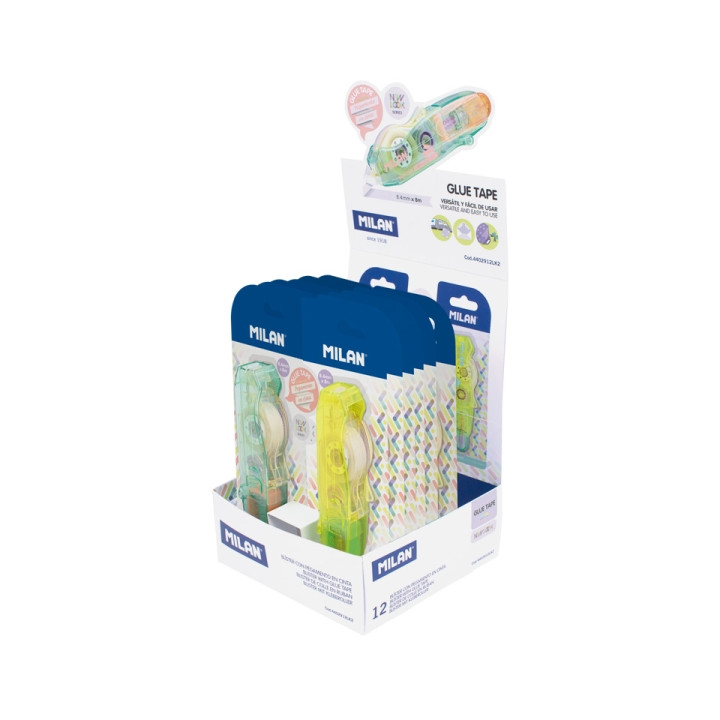 Milan New Look Expositor con 12 Blisters de Pegamento en Cinta - Multiusos - Multisuperficies - 8.4mm x 8m - Colores Surtidos