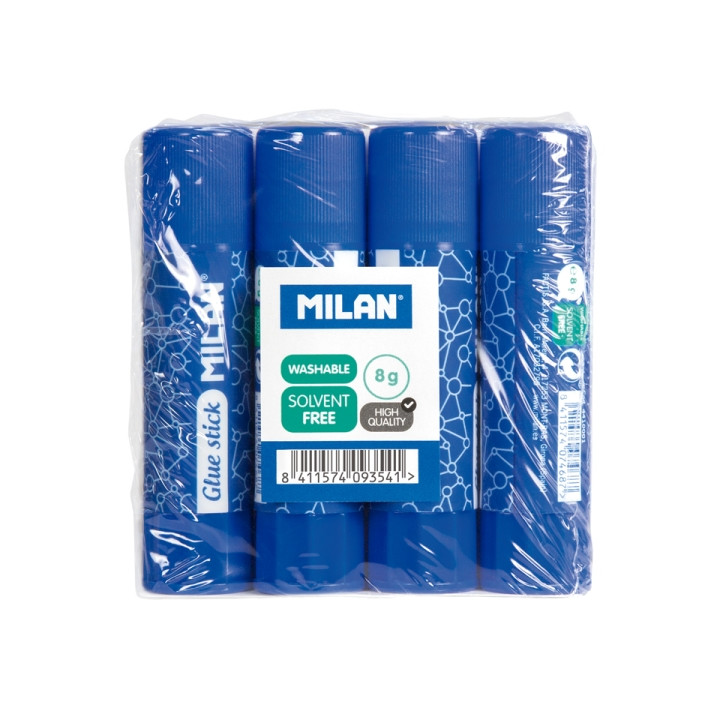 Milan Pack 4 Barras de Pegamento 8 g - Multiusos - Multisuperficies - Sin Disolventes - Uso Escolar - Color Azul