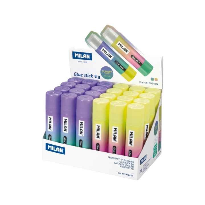 Milan Sunset Expositor con 24 Barras de Pegamento 8g - Multiusos - Multisuperficies - Sin Disolventes - Uso Escolar - Colores S