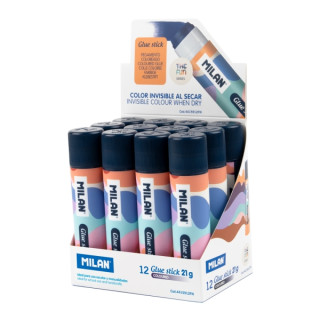 Milan The Fun Expositor con 12 Barras de Pegamento 21g - Multiusos - Multisuperficies - Sin Disolventes - Uso Escolar - Multico