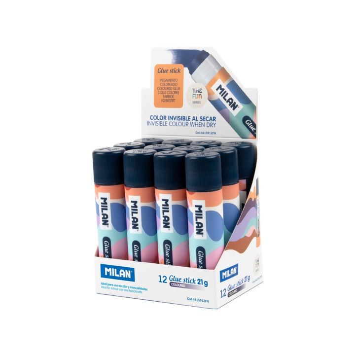 Milan The Fun Expositor con 12 Barras de Pegamento 21g - Multiusos - Multisuperficies - Sin Disolventes - Uso Escolar - Multico
