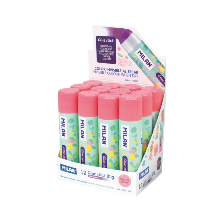 Milan Fairy Tale Expositor con 12 Barras de Pegamento 21g - Multiusos - Multisuperficies - Sin Disolventes - Uso Escolar - Colo