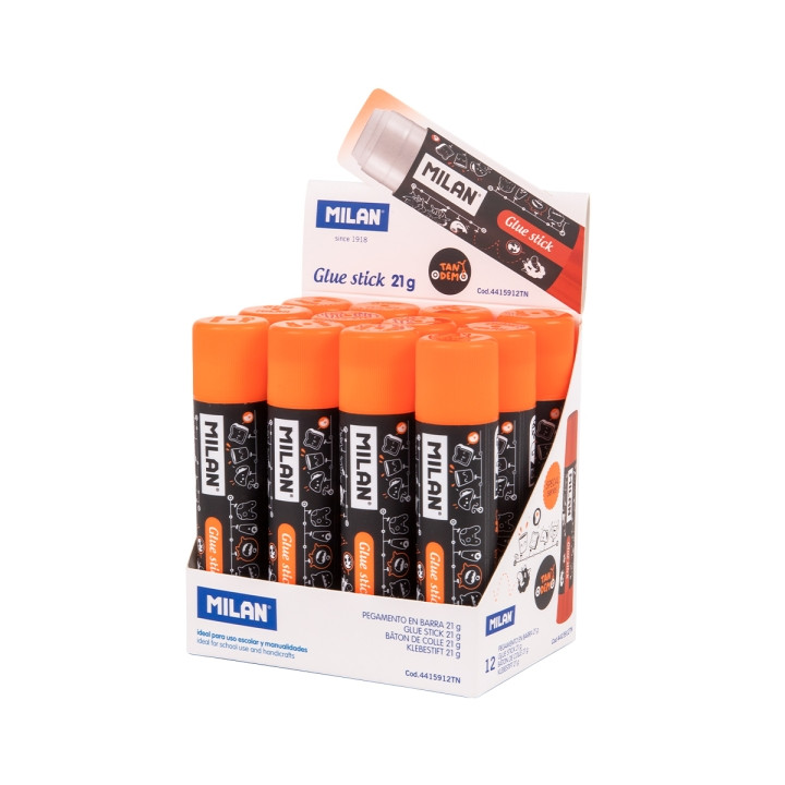 Milan Tandem Expositor con 12 Barras de Pegamento 21g - Multiusos - Multisuperficies - Sin Disolventes - Uso Escolar - Color Na