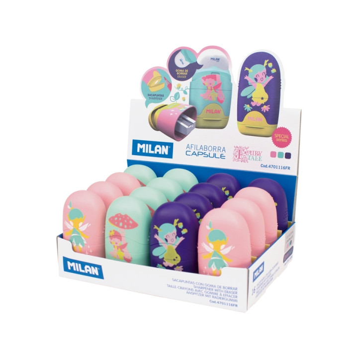 Milan Capsule Fairy Tale Expositor con 16 Afilaborras - Deposito Integrado - Cuchilla de Acero de Seguridad - Colores Surtidos