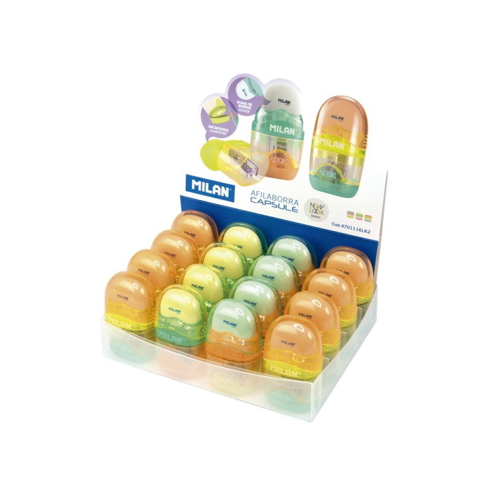 Milan Capsule New Look Expositor con 16 Afilaborras - Goma Miga de Pan - Deposito Integrado - Cuchilla de Acero de Seguridad -