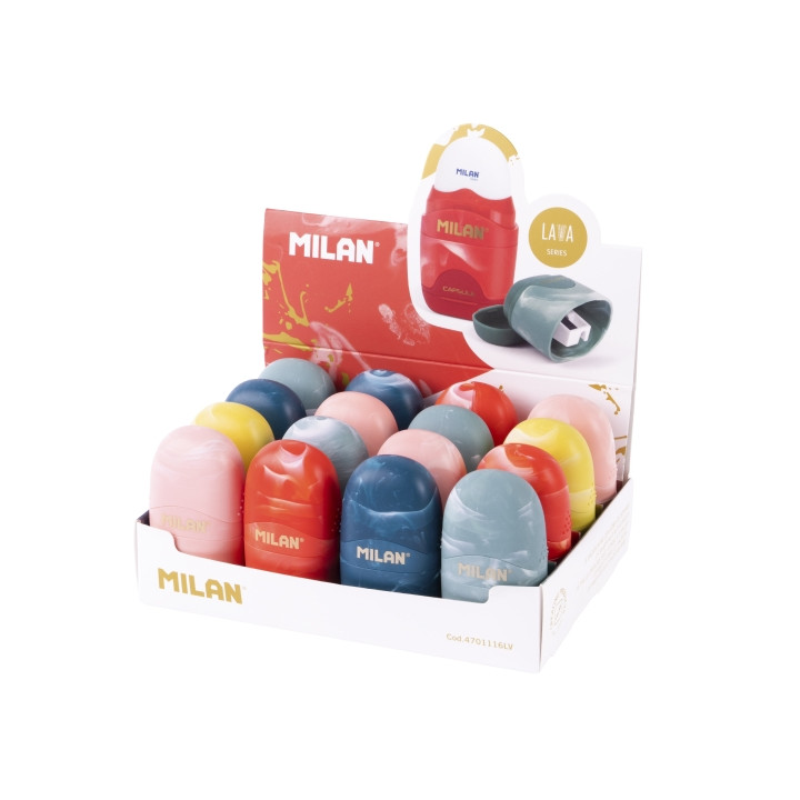Milan Capsule Lava Expositor con 16 Afilaborras - Goma Miga de Pan - Deposito Integrado - Cuchilla de Acero de Seguridad - Colo