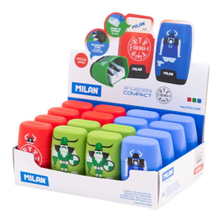 Milan Compact Vikings Expositor con 16 Afilaborras - Goma Miga de Pan - Regular y Maxi - Deposito Integrado - Cuchilla de Acero