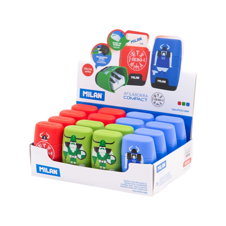Milan Compact Vikings Expositor con 16 Afilaborras - Goma Miga de Pan - Regular y Maxi - Deposito Integrado - Cuchilla de Acero