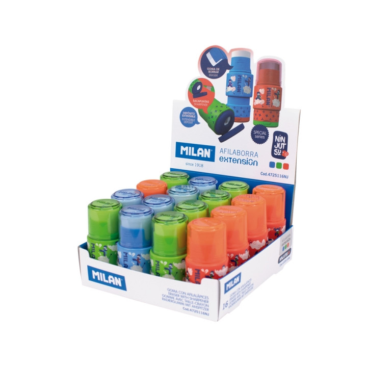 Milan Extension Ninjutsu Expositor con 16 Afilaborras - Deposito Integrado - Cuchilla de Acero de Seguridad - Color Rojo