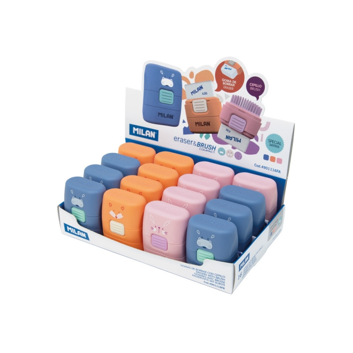 Milan Compact Fun Animals Expositor con 16 Gomas de Borrar con Cepillo - Colores Surtidos
