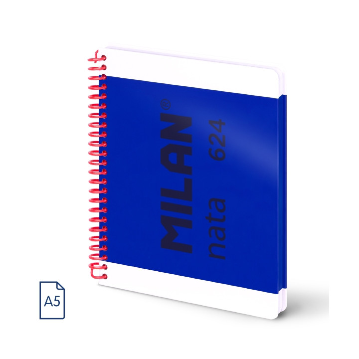 Milan Nata 624 Cuaderno A5 con Espiral - Cuadriculado - 80 Hojas de 95Gr - Tapa Dura - Color Azul Marino