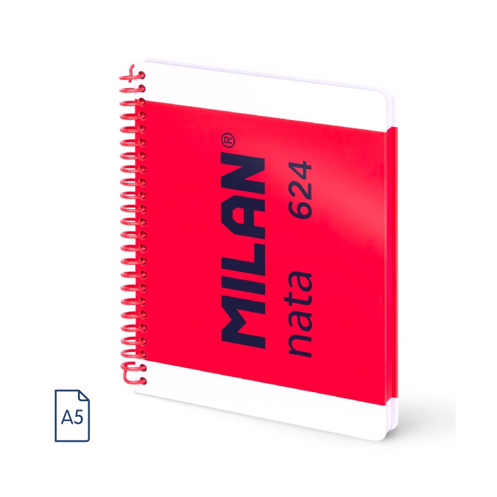 Milan Nata 624 Cuaderno A5 con Espiral - Cuadriculado - 80 Hojas de 95Gr - Tapa Dura - Color Rosa