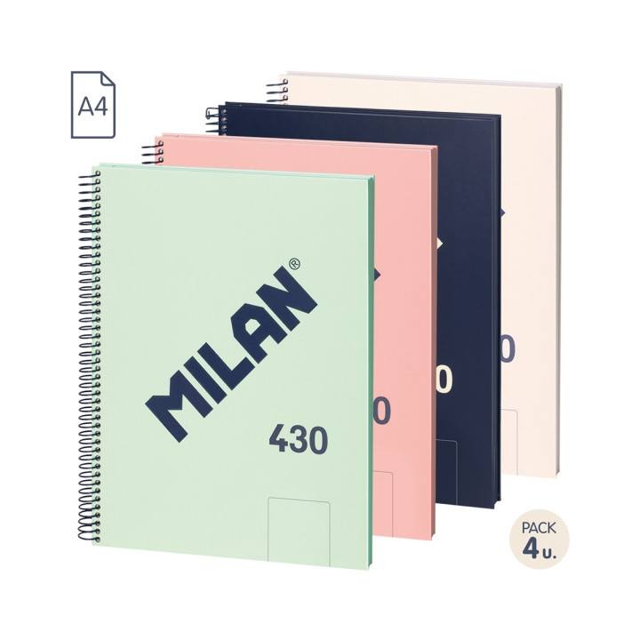 Milan 430 Since 1918 Pack de 4 Cuadernos A4 con Espiral - Hojas Blancas - 80 Hojas de 95g - Tapa Dura - Colores Surtidos