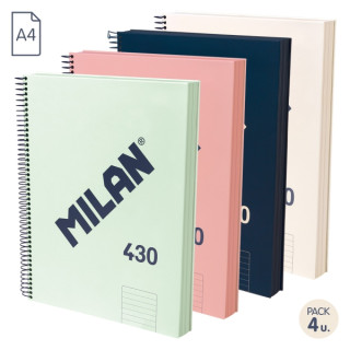 Milan 430 Since 1918 Pack de 4 Cuadernos A4 con Espiral - Papel a Lineas de 7mm - 120 Hojas de 95g - Tapa Dura - Colores Surtid