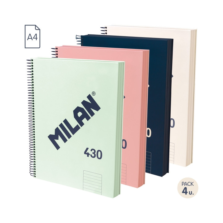 Milan 430 Since 1918 Pack de 4 Cuadernos A4 con Espiral - Papel a Lineas de 7mm - 120 Hojas de 95g - Tapa Dura - Colores Surtid