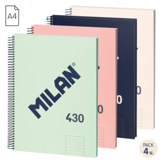 Milan 430 Since 1918 Pack de 4 Cuadernos A4 con Espiral - Papel a Lineas de 7mm - 80 Hojas de 95g - Tapa Dura - Colores Surtido