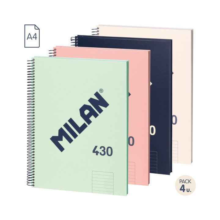 Milan 430 Since 1918 Pack de 4 Cuadernos A4 con Espiral - Papel a Lineas de 7mm - 80 Hojas de 95g - Tapa Dura - Colores Surtido