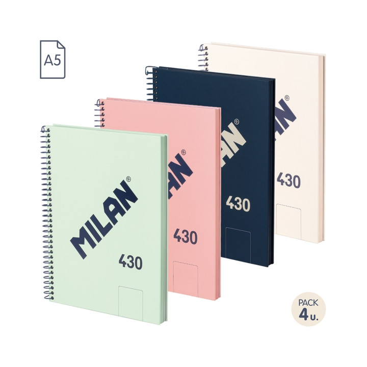 Milan 430 Since 1918 Pack de 4 Cuadernos A5 con Espiral - Hojas Blancas - 80 Hojas de 95g - Tapa Dura - Colores Surtidos