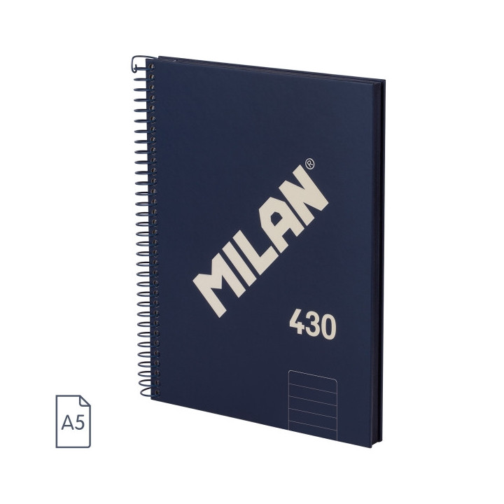 Milan 430 Since 1918 Cuaderno A5 con Espiral - Papel a Lineas de 7mm - 80 Hojas de 95g - Tapa Dura - Color Azul