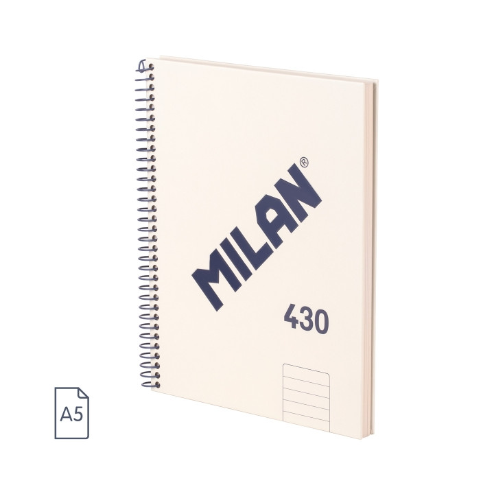 Milan 430 Since 1918 Cuaderno A5 con Espiral - Papel a Lineas de 7mm - 80 Hojas de 95g - Tapa Dura - Color Beige
